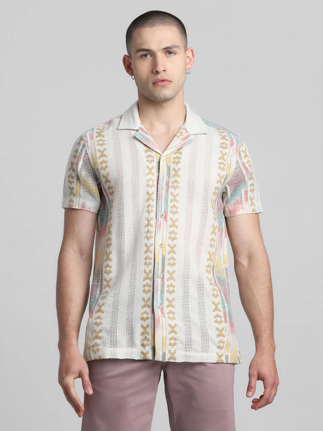 Beige Printed Jacquard Shirt - Image 2