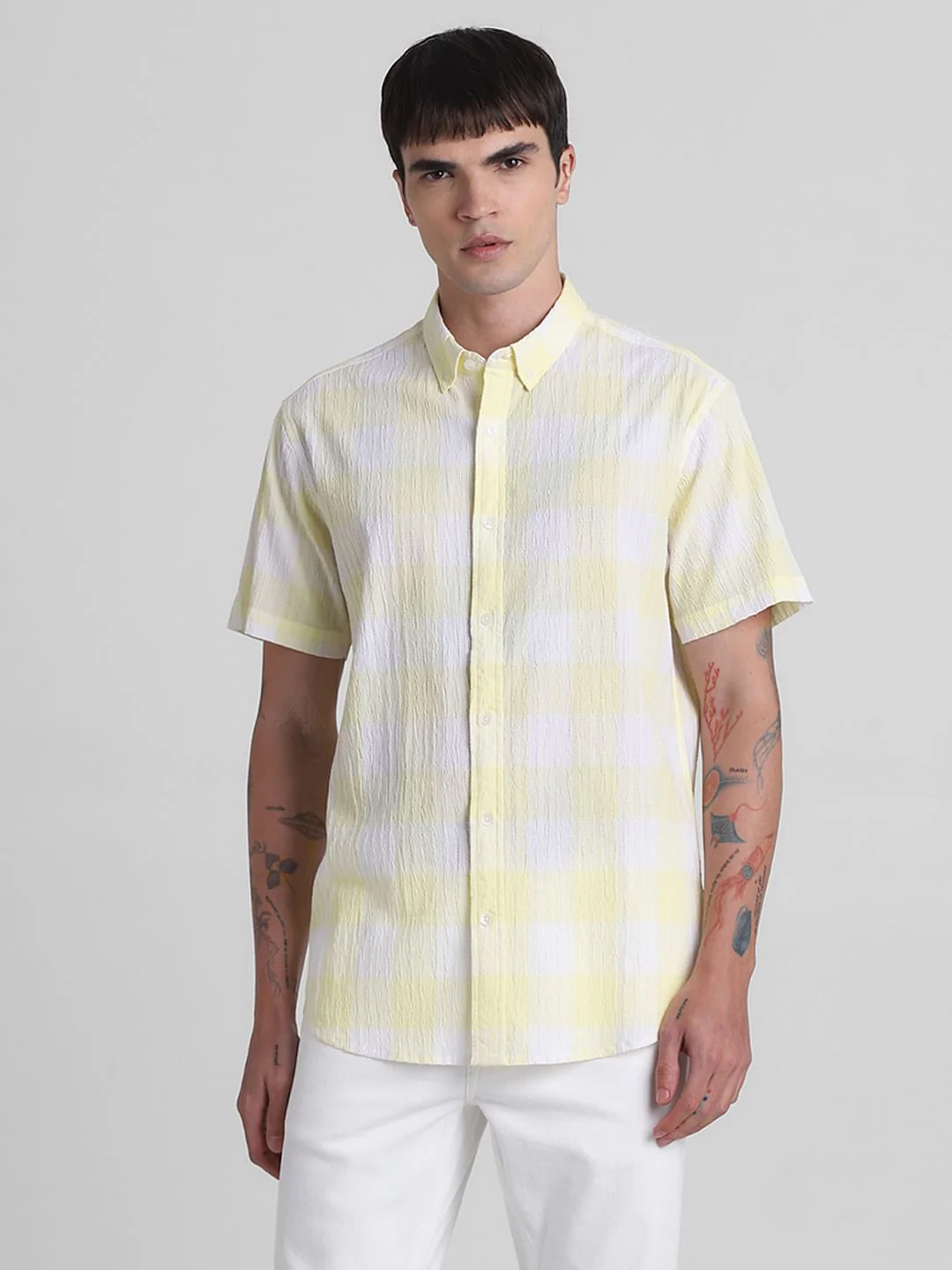 Yellow Cotton Check Short Sleeves Shirt - Image 2
