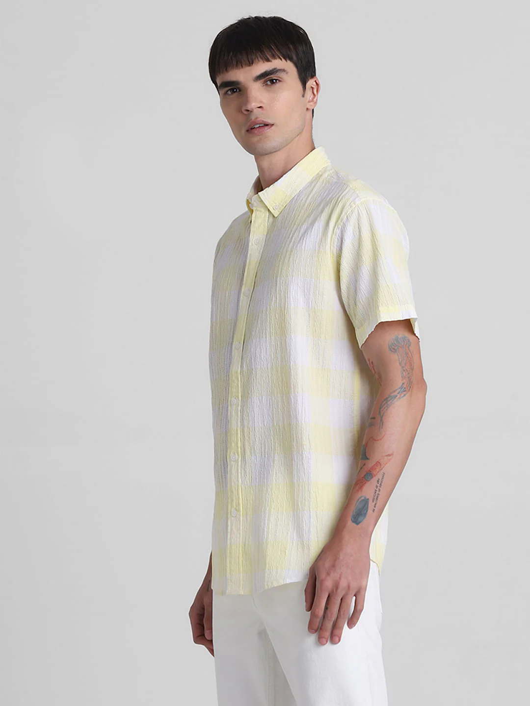 Yellow Cotton Check Short Sleeves Shirt - Image 3