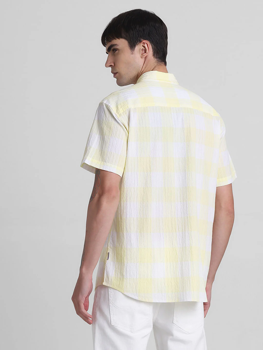 Yellow Cotton Check Short Sleeves Shirt - Image 4