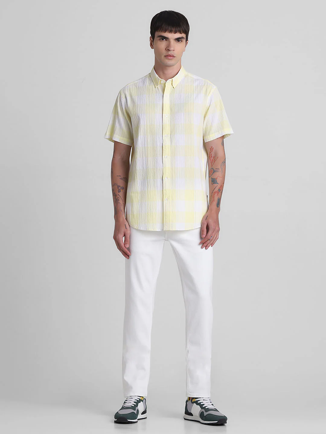 Yellow Cotton Check Short Sleeves Shirt - Image 6