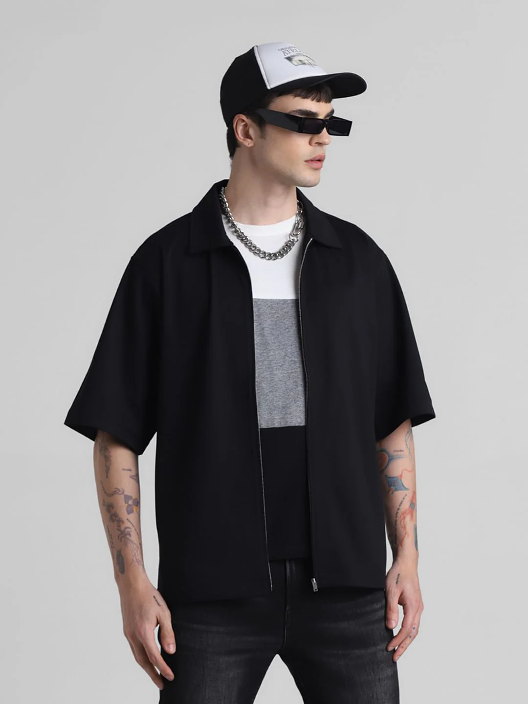 Black Zip-Up Oversized Short Sleeves Shirt
