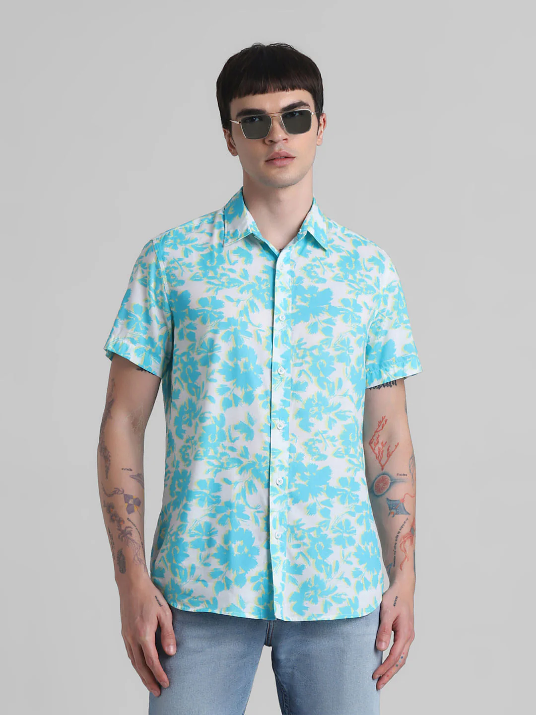 Blue Floral Short Sleeves Shirt