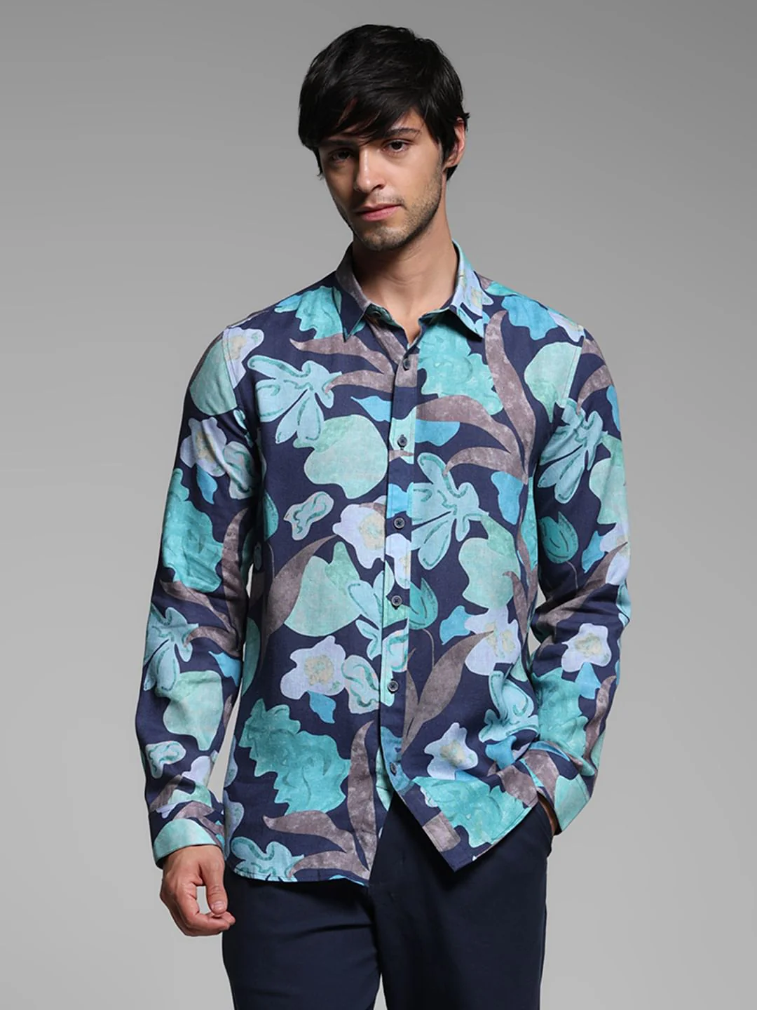 Blue Floral Lyocell Linen Shirt - Image 2