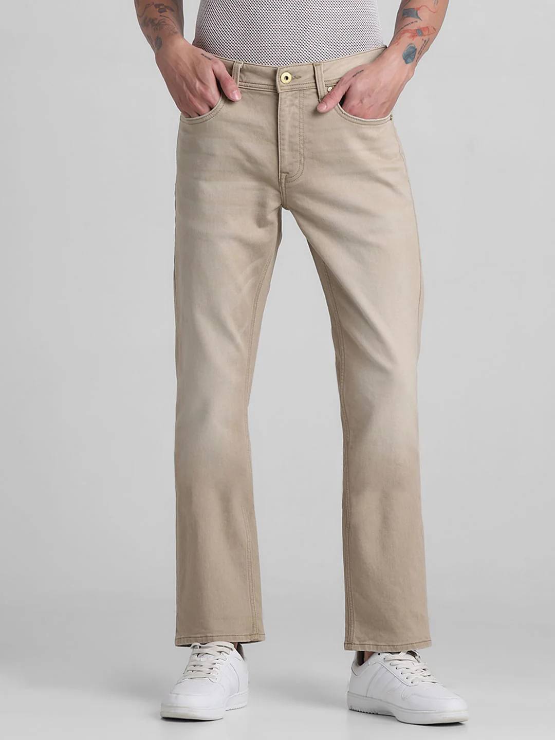 Beige Mid Rise Clark Regular Fit Jeans