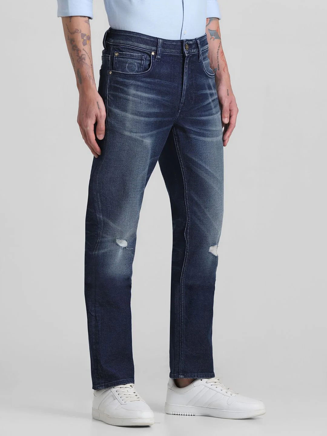 Dark Blue Mid Rise Distressed Regular Fit Jeans - Image 2