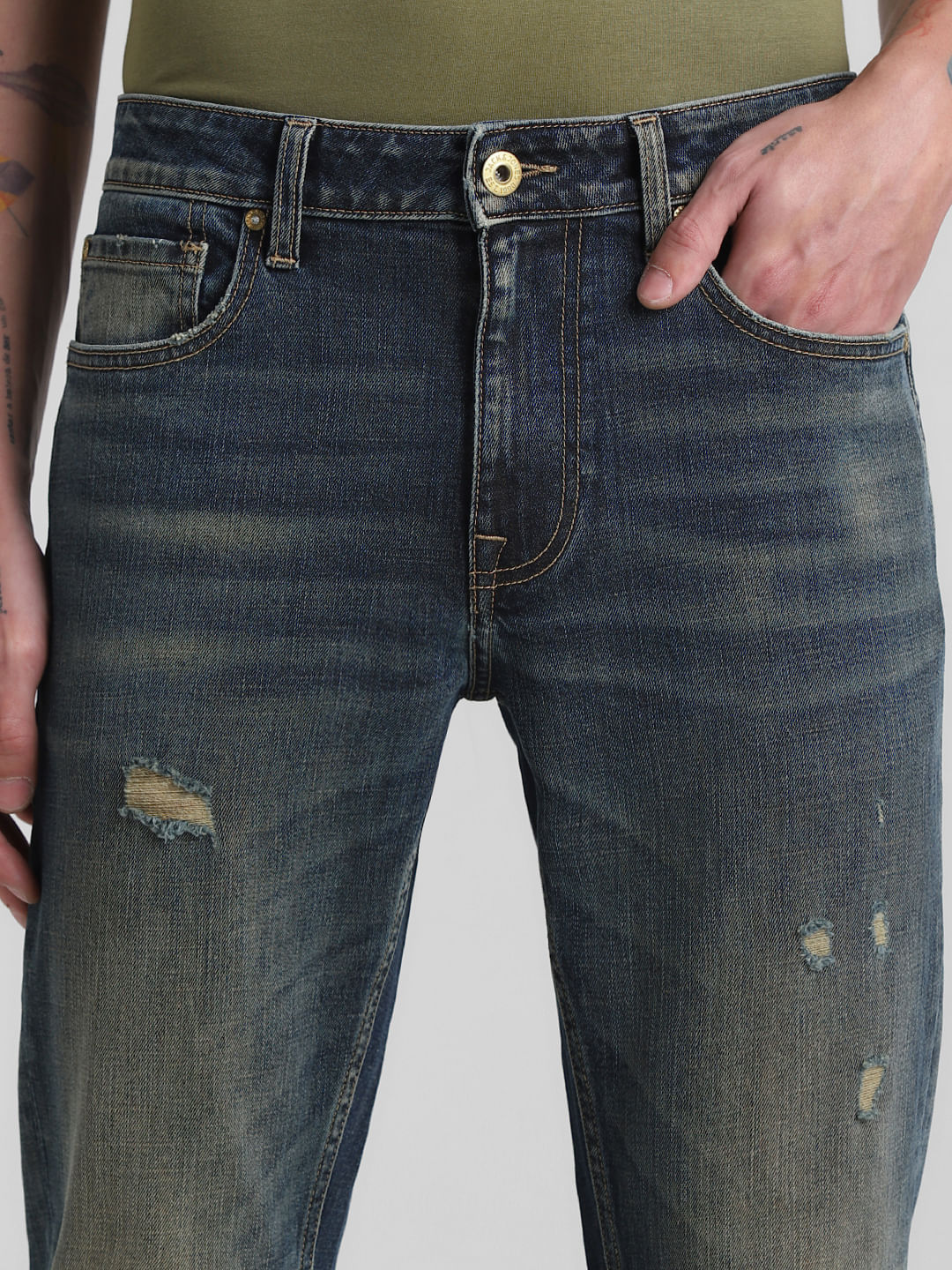 Dark Blue Mid Rise Distressed Regular Fit Jeans - Image 4