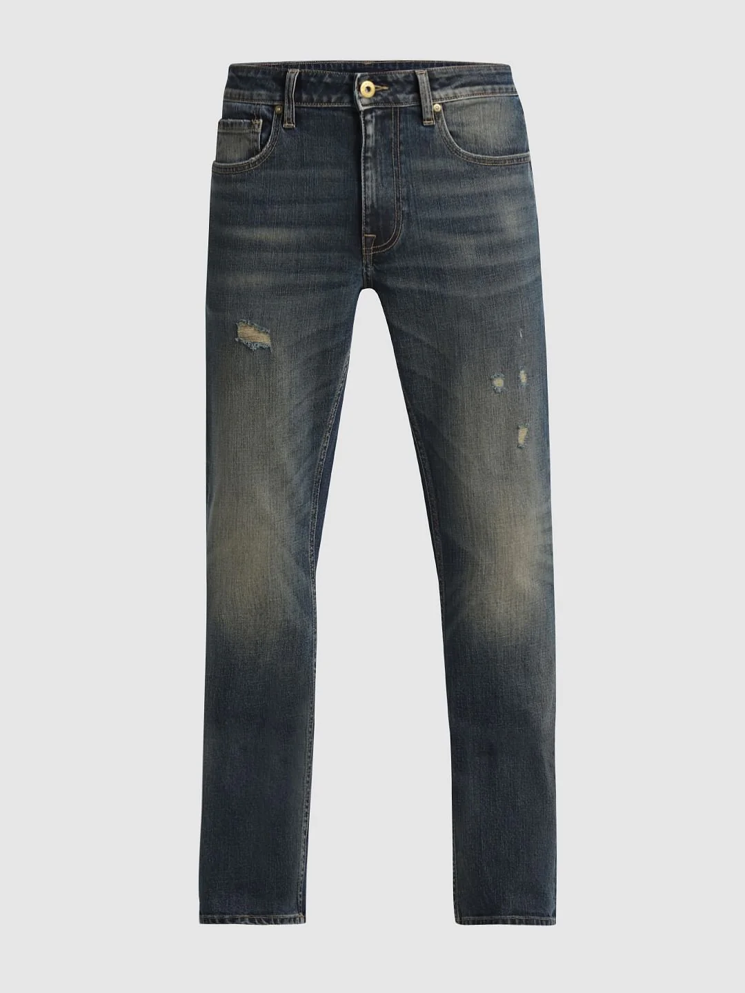 Dark Blue Mid Rise Distressed Regular Fit Jeans - Image 7