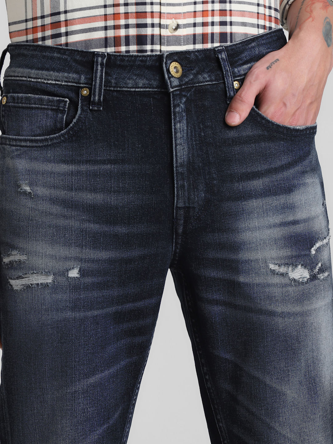 Dark Blue Mid Rise Distressed Regular Fit Jeans - Image 4
