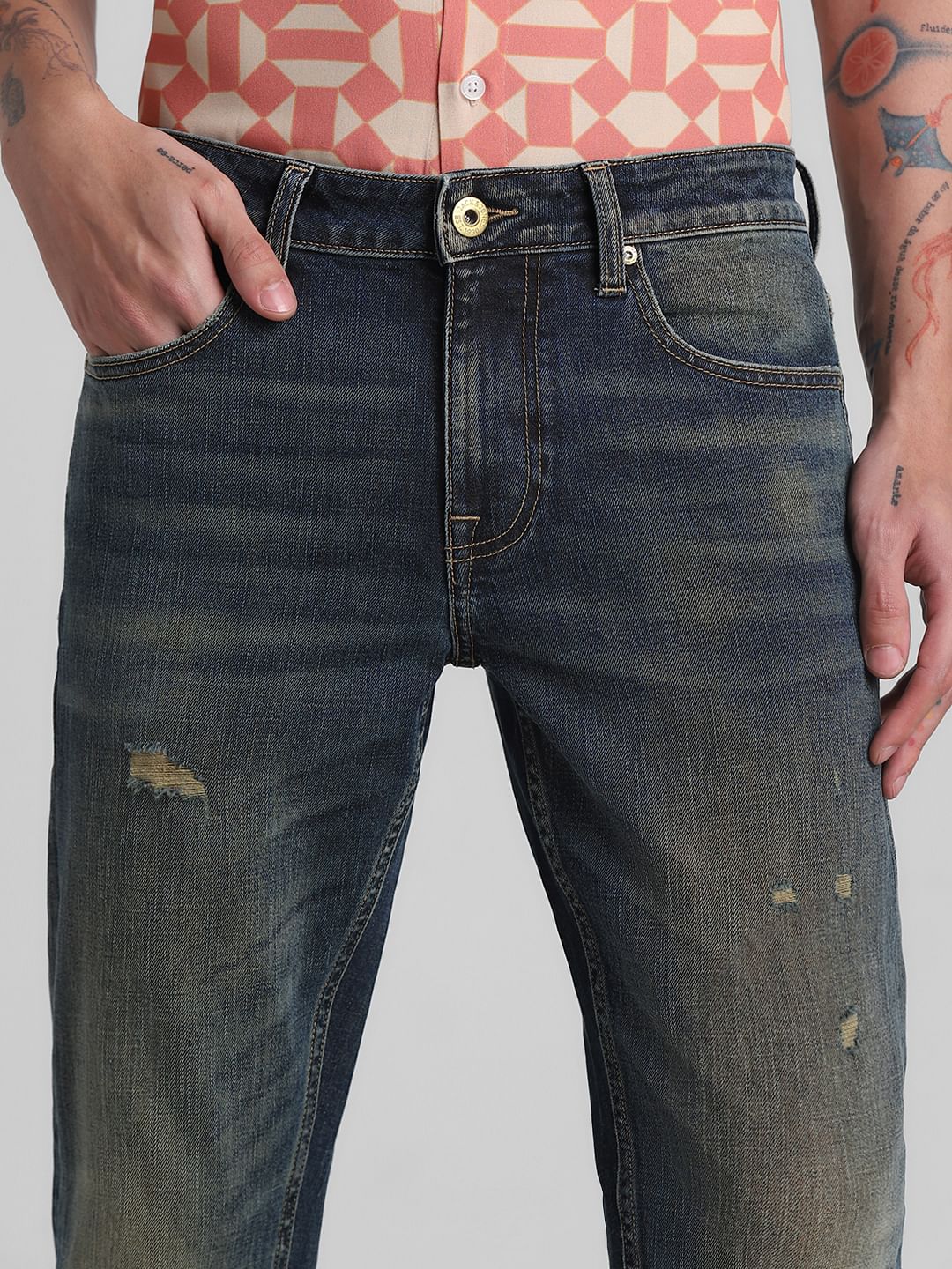 Dark Blue Low Rise Distressed Slim Fit Jeans - Image 4