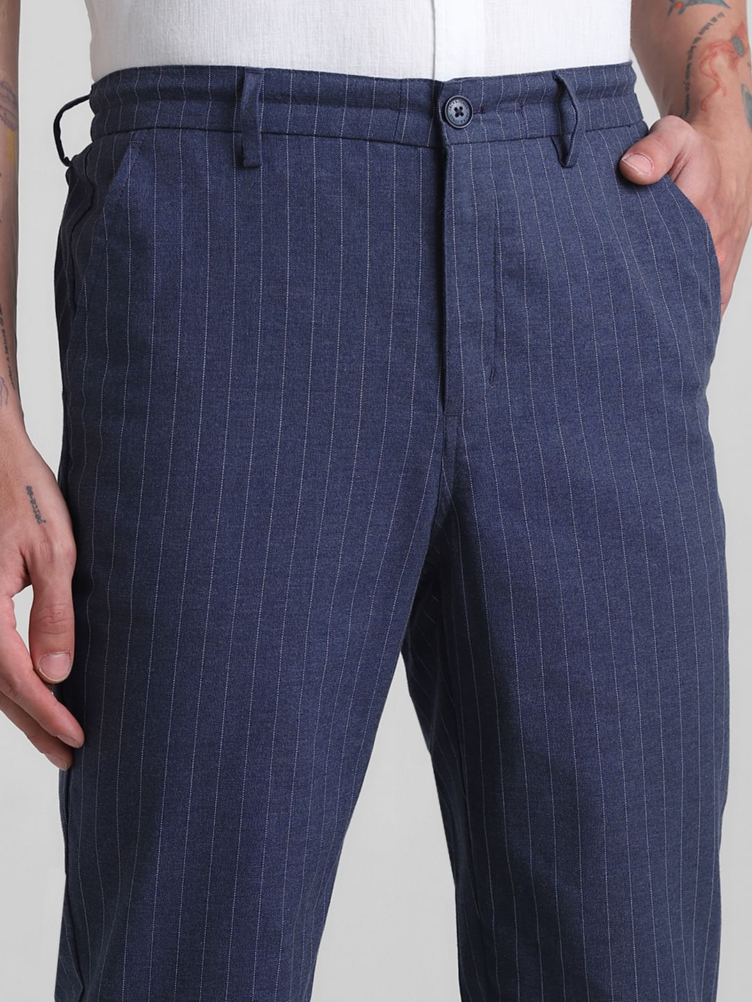 Navy Blue Mid Rise Striped Cotton Pants - Image 4