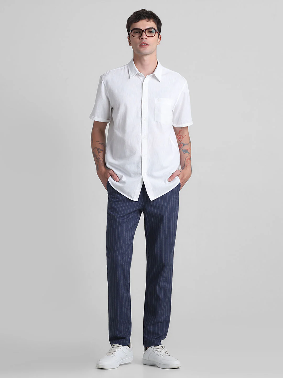 Navy Blue Mid Rise Striped Cotton Pants - Image 6