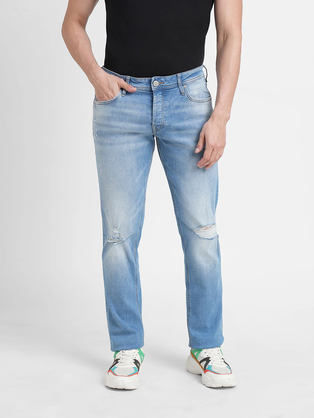 Light Blue Mid Rise Distressed Clark Regular Fit Jeans - Image 2