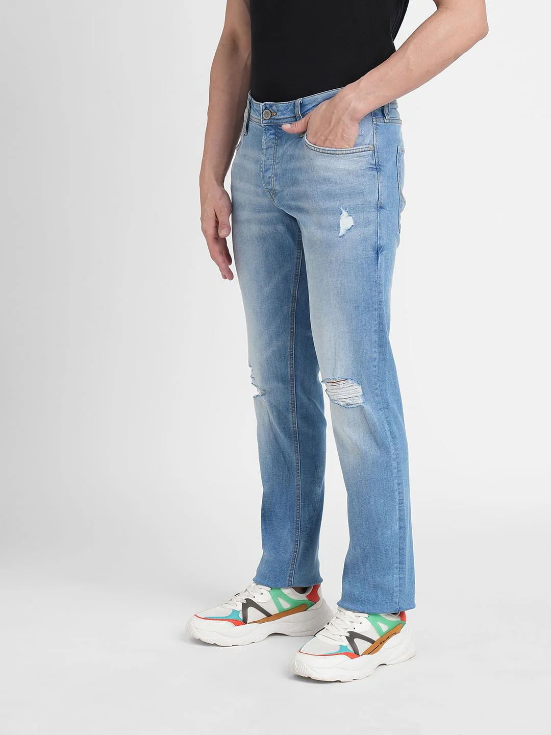 Light Blue Mid Rise Distressed Clark Regular Fit Jeans - Image 3