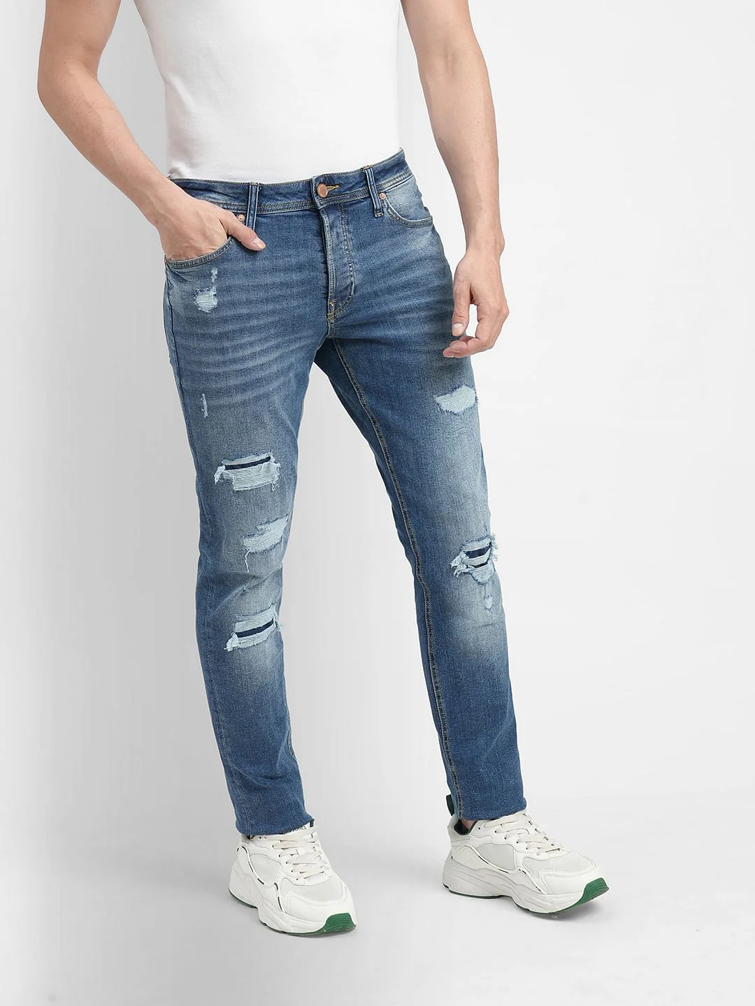 Blue Low Rise Distressed Glenn Slim Fit Jeans - Image 3