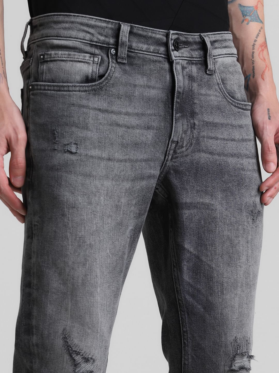Grey Mid Rise Distressed Brak Slim Jeans - Image 4