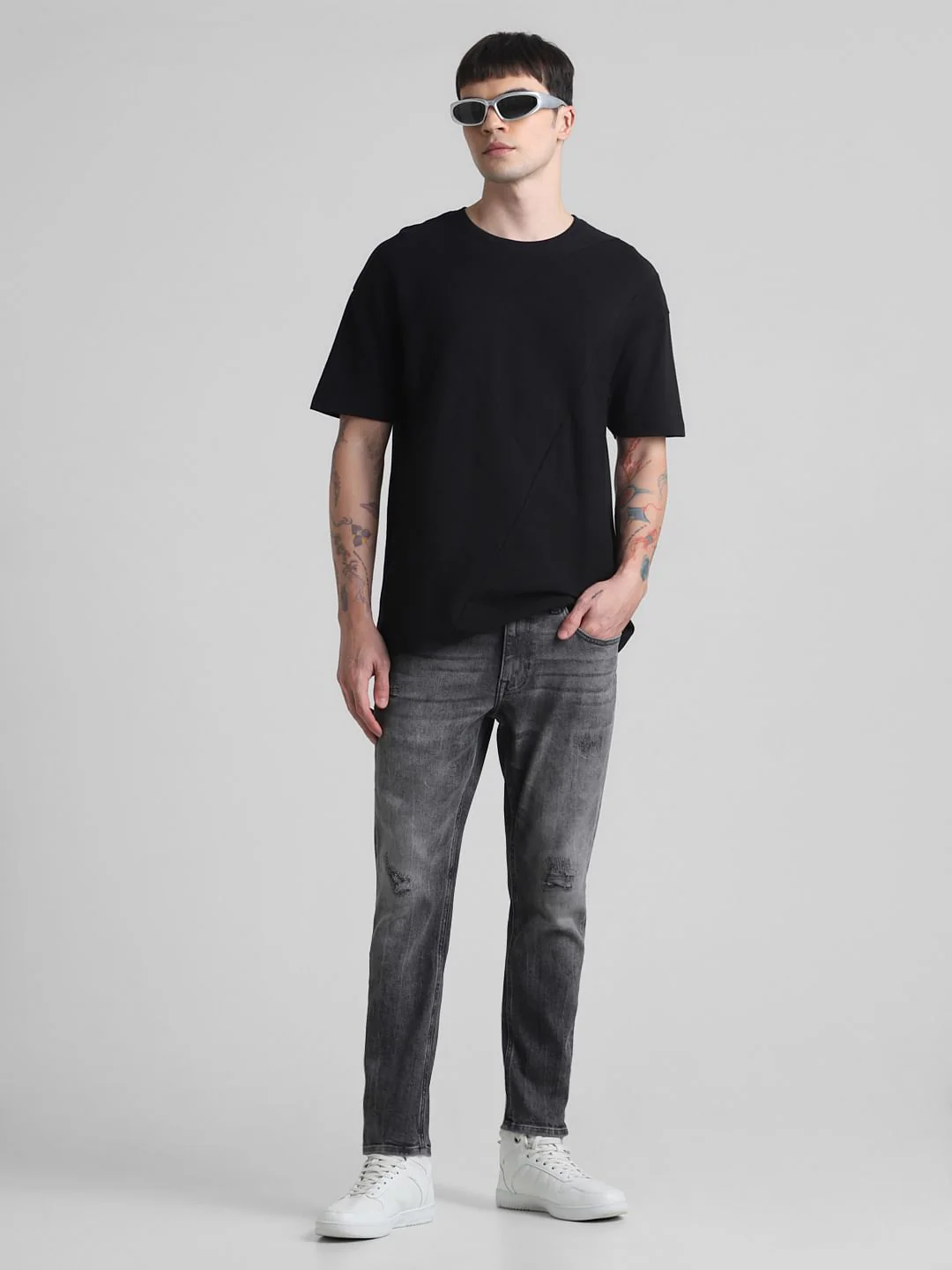Grey Mid Rise Distressed Brak Slim Jeans - Image 5