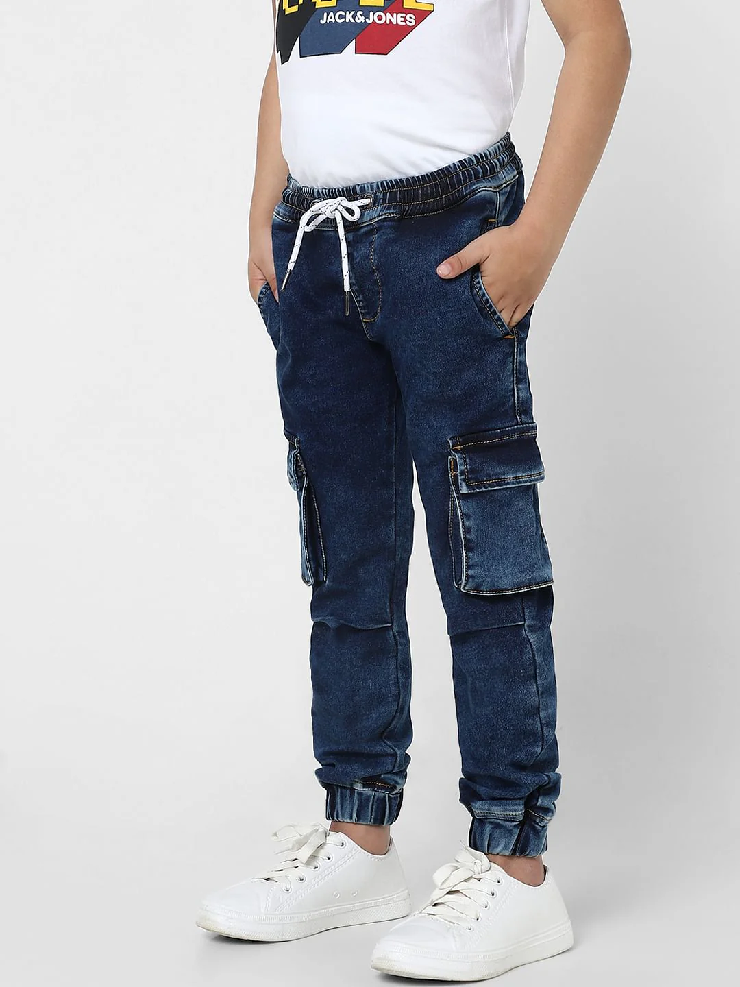 Boys Blue Patch Pocket Joggers - Image 3