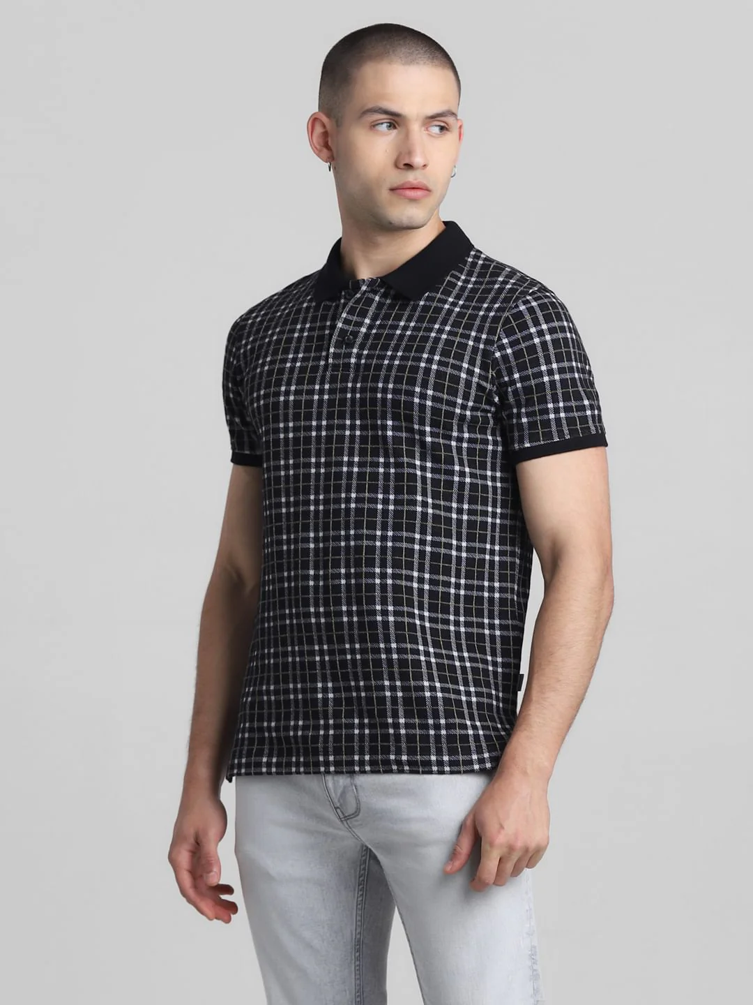 Black Check Print Polo T-shirt - Image 2