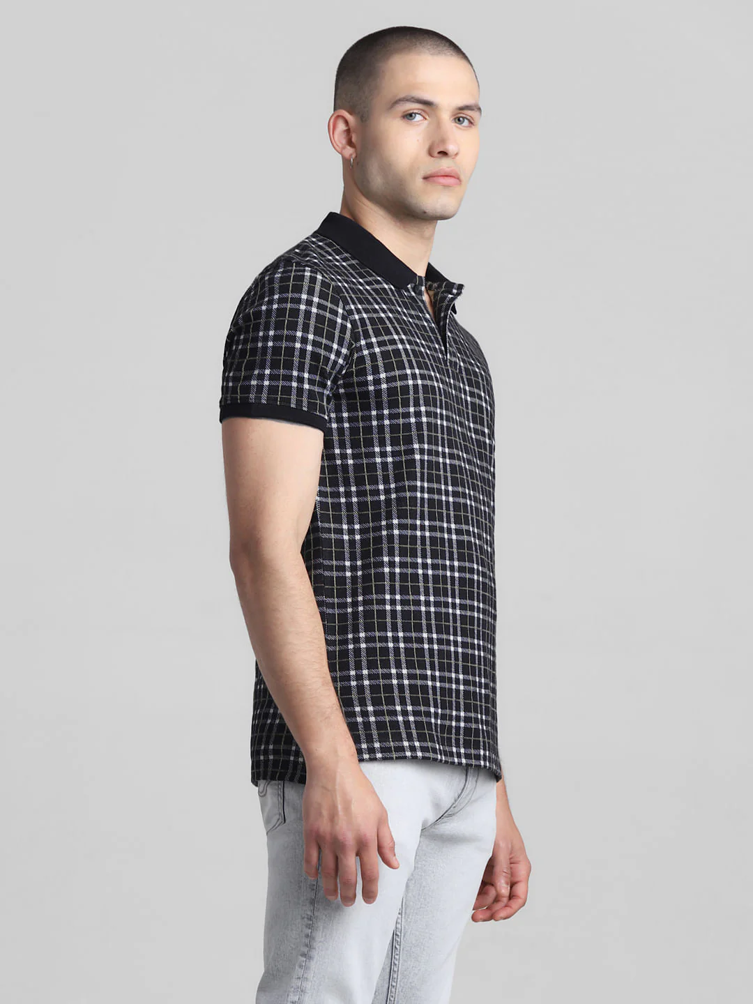 Black Check Print Polo T-shirt - Image 3