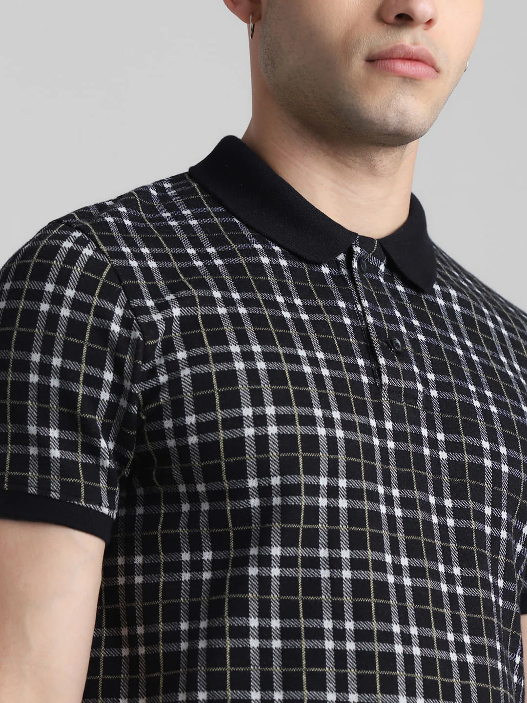 Black Check Print Polo T-shirt - Image 5