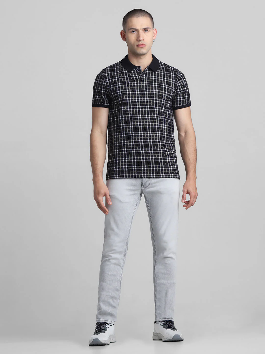 Black Check Print Polo T-shirt - Image 6