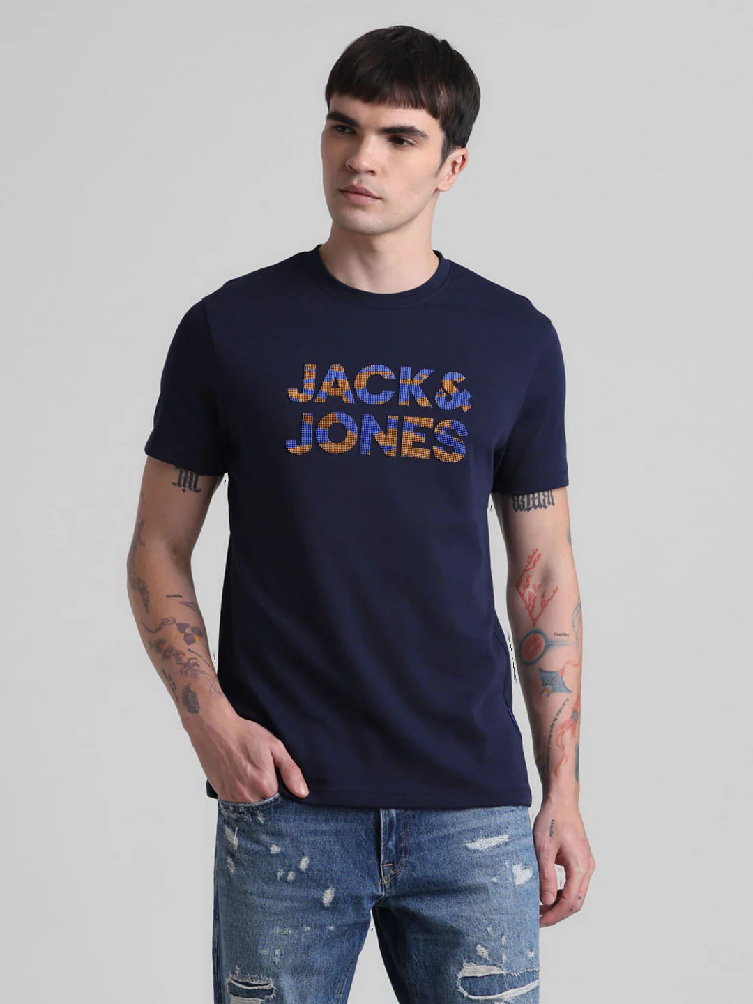 Dark Blue Logo Print Crew Neck T-shirt - Image 2