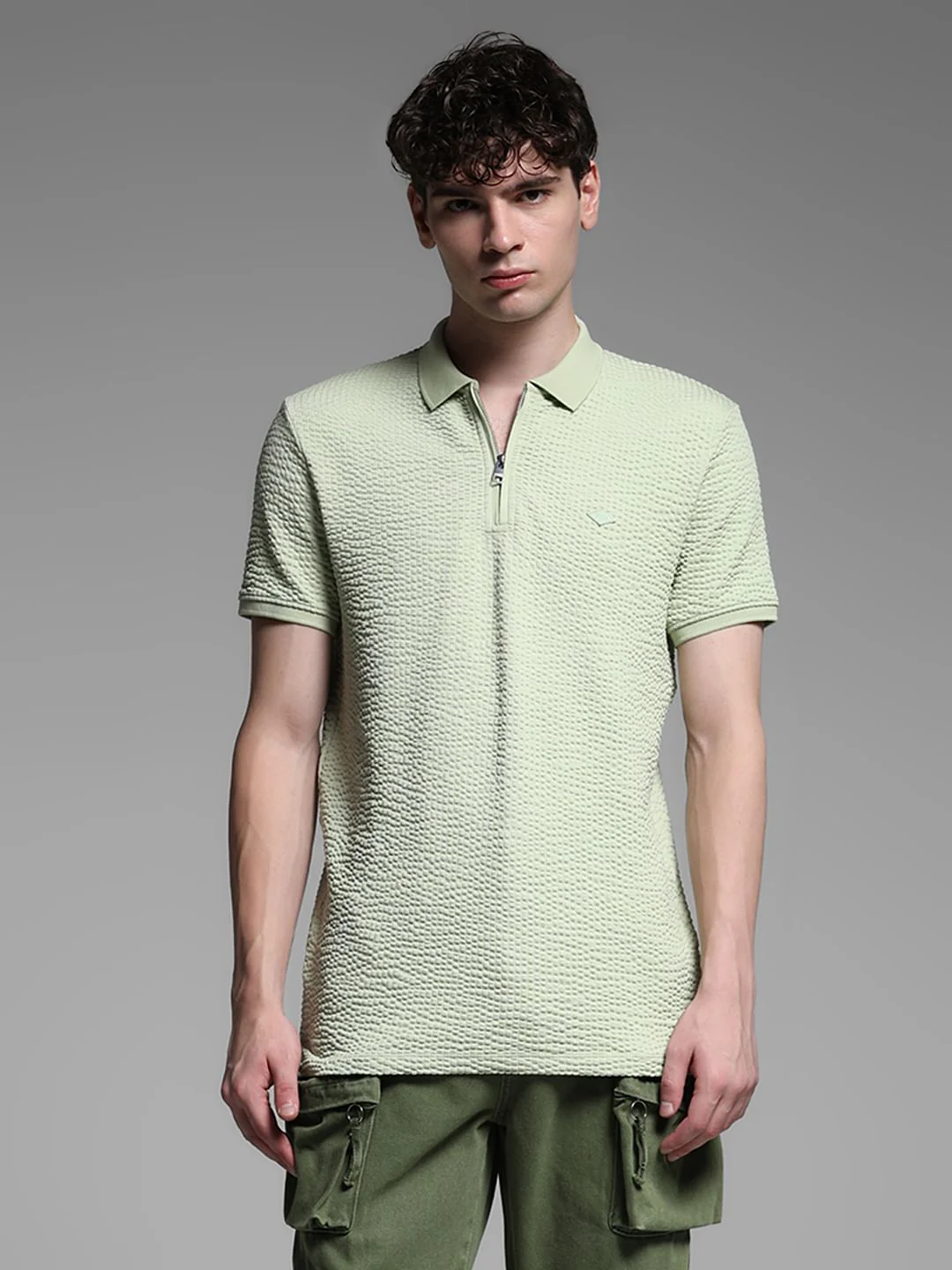 Green Zip Collar Cotton Polo - Image 2