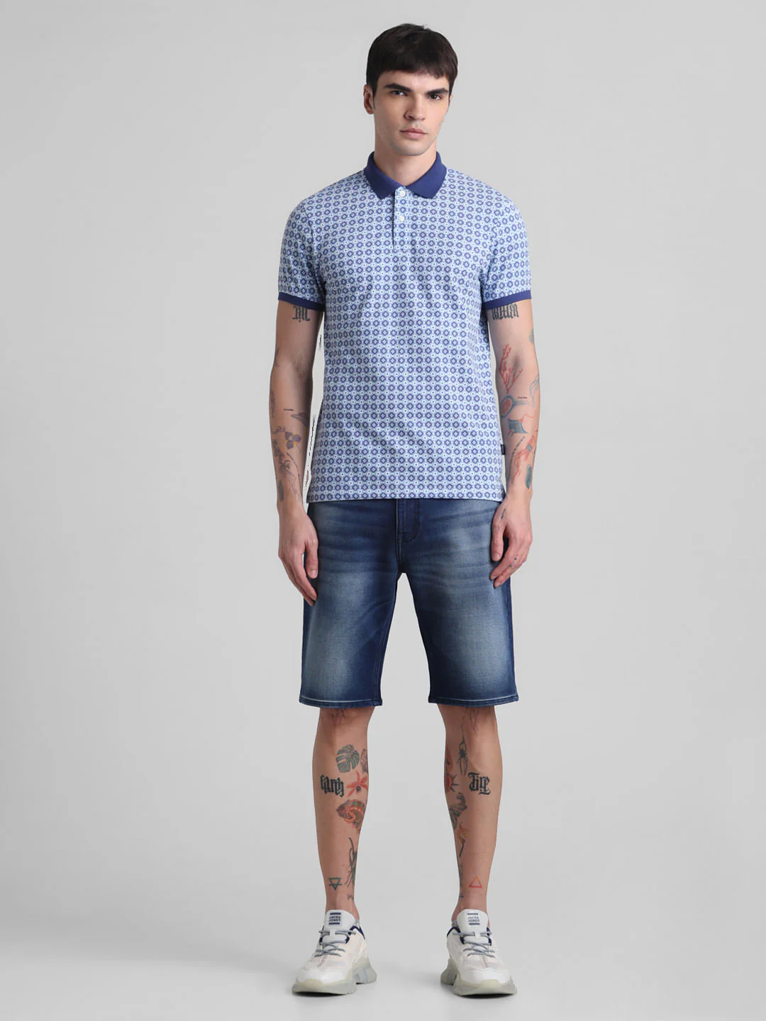 Blue Printed Slim Fit Polo T-shirt - Image 6