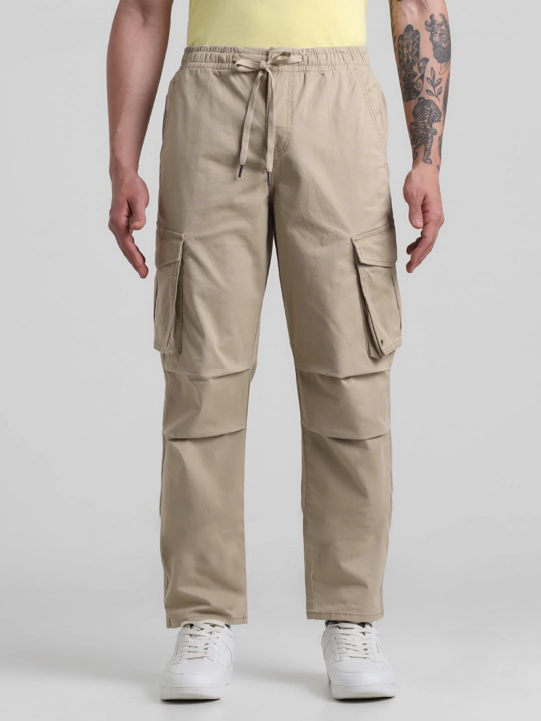 Beige 6 Pocket Regular Fit Cargos - Image 7