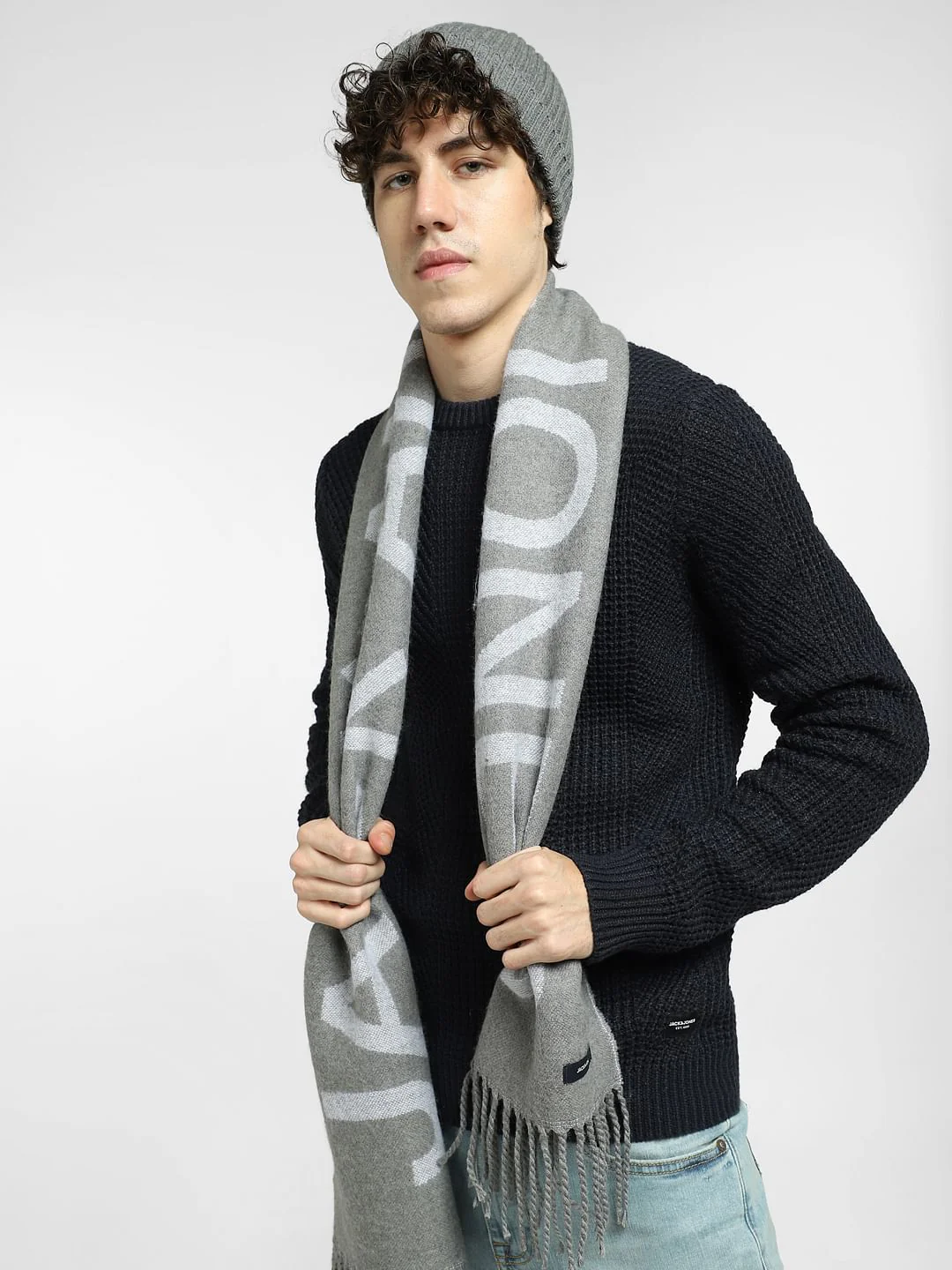 Grey Logo Print Scarf
