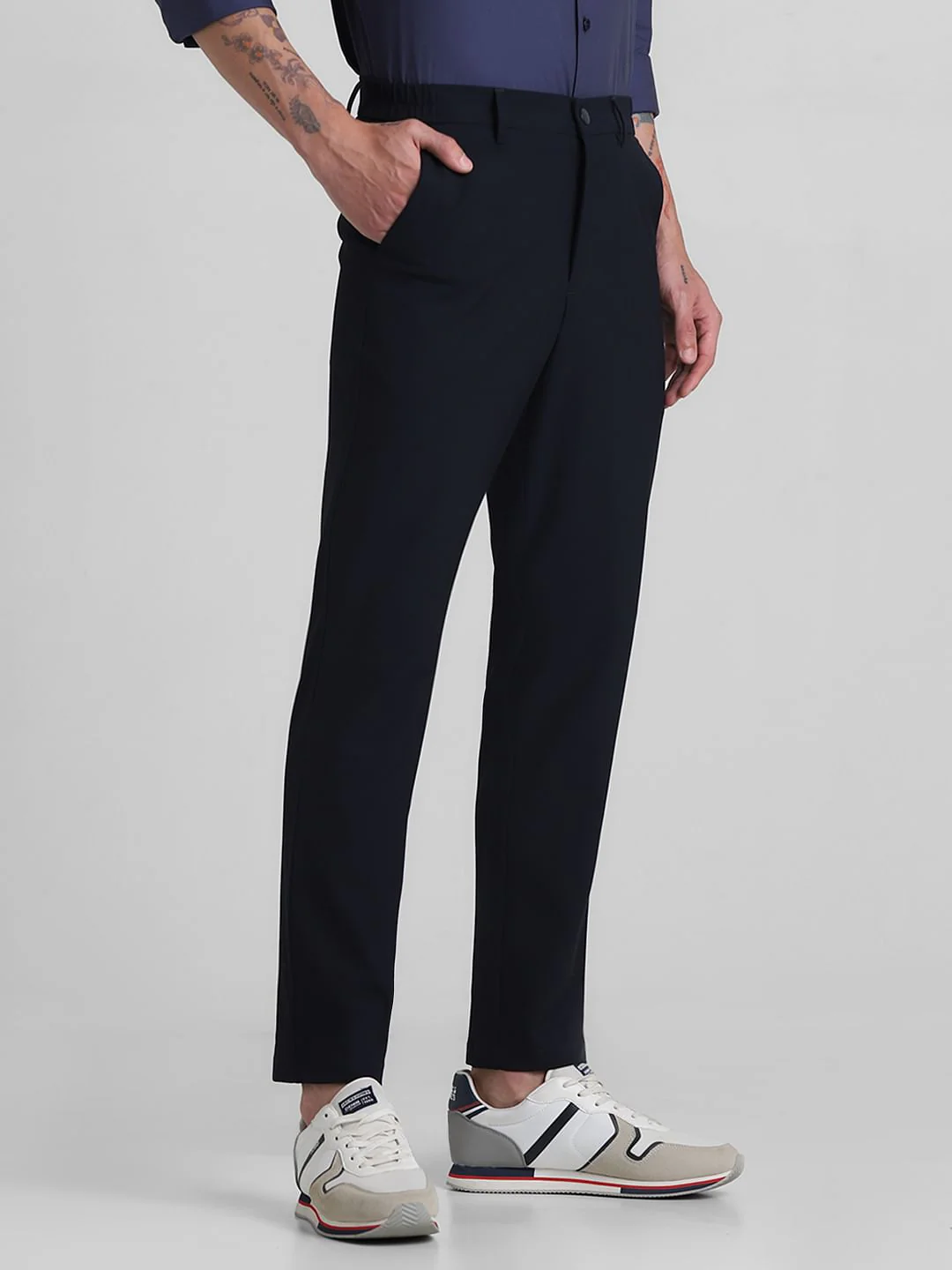 Navy Blue Mid Rise Slim Fit Trousers - Image 2