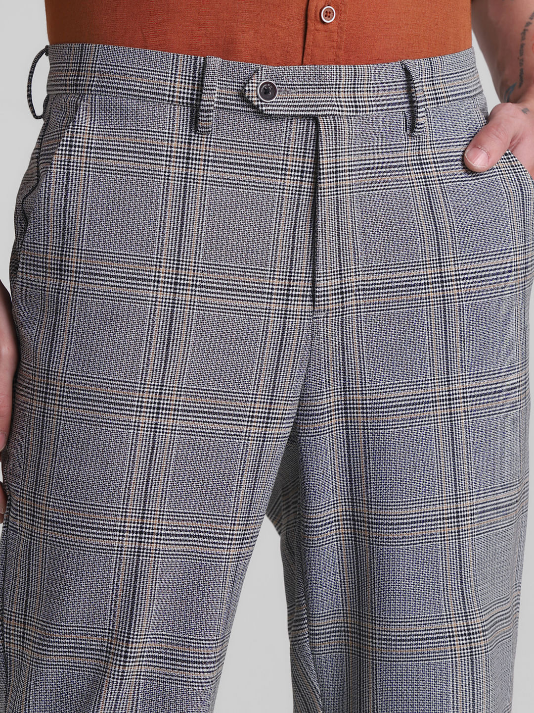 Grey Mid Rise Check Print Trousers - Image 4