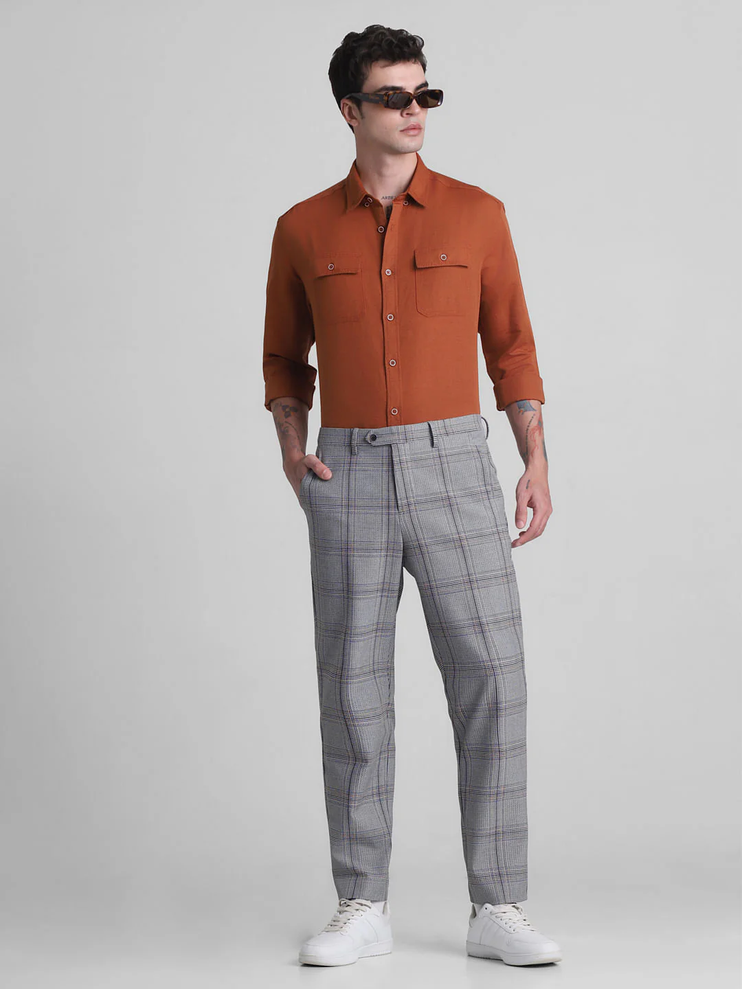 Grey Mid Rise Check Print Trousers - Image 6