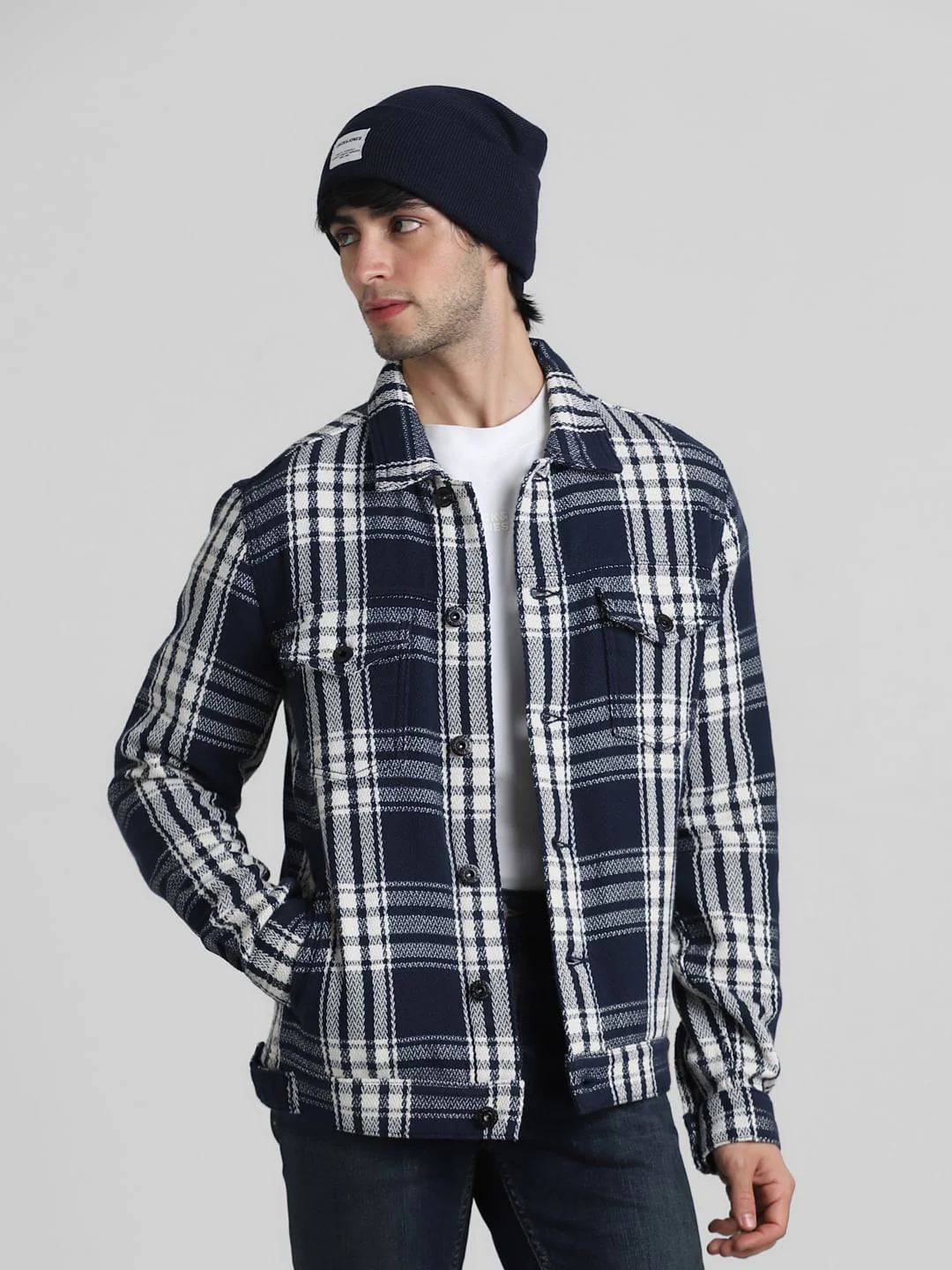 Navy Blue Check Cotton Jacket
