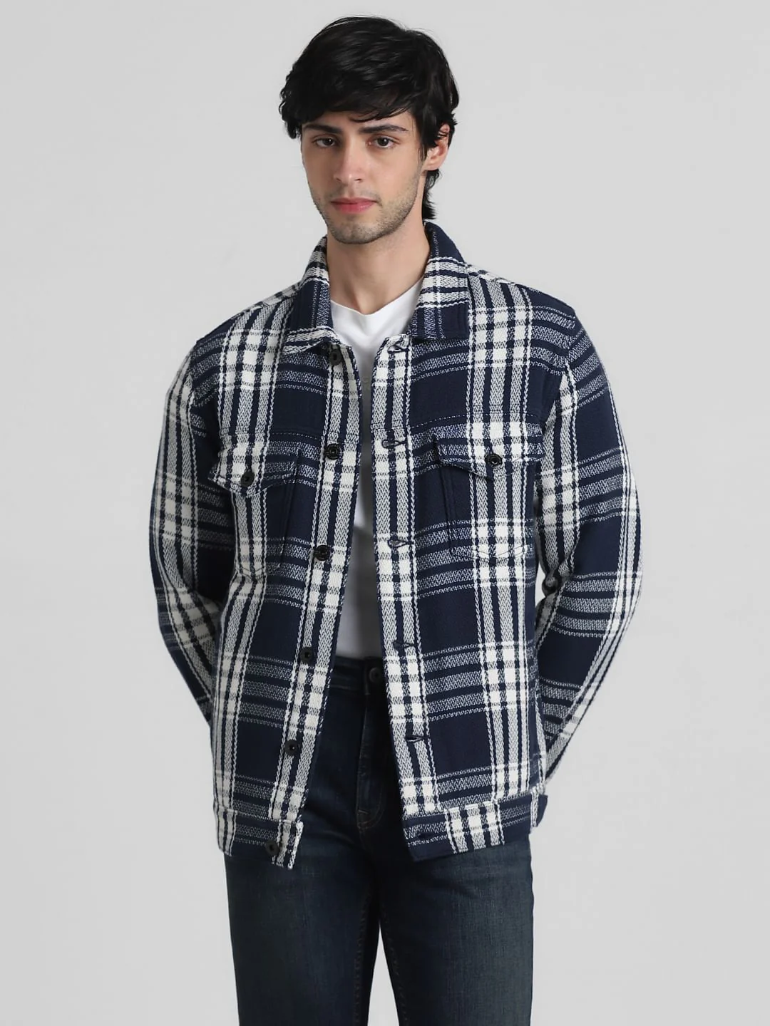 Navy Blue Check Cotton Jacket - Image 2
