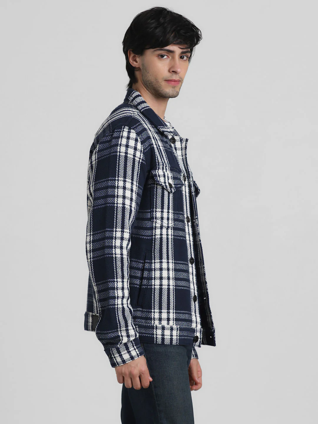 Navy Blue Check Cotton Jacket - Image 3