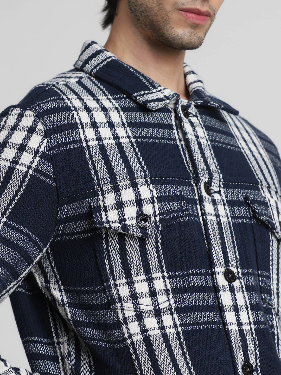 Navy Blue Check Cotton Jacket - Image 5