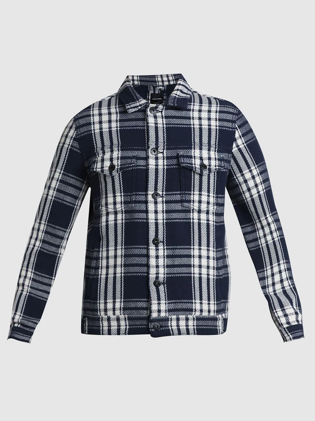 Navy Blue Check Cotton Jacket - Image 8