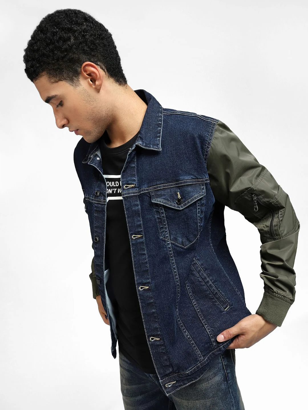 Blue Denim Colourblocked Sleeve Jacket