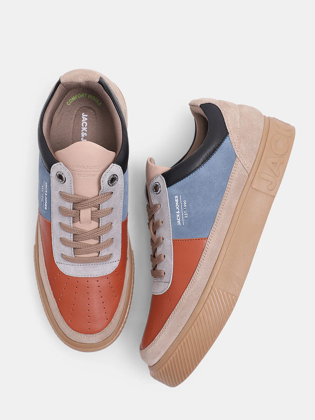 Beige Colourblocked Leather Sneakers - Image 3