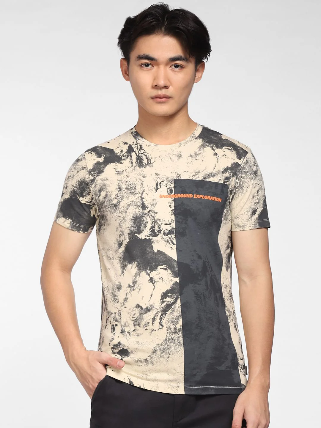 Beige Printed Crew Neck T-shirt - Image 2