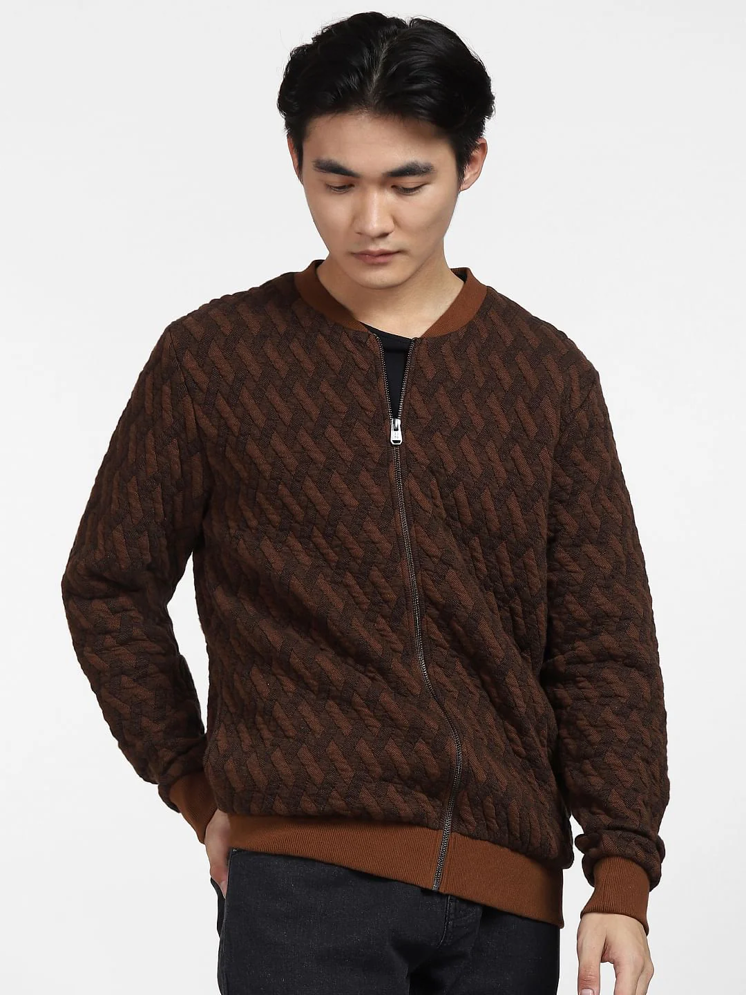 Brown Textured Sweatshirt Jacket - Image 2