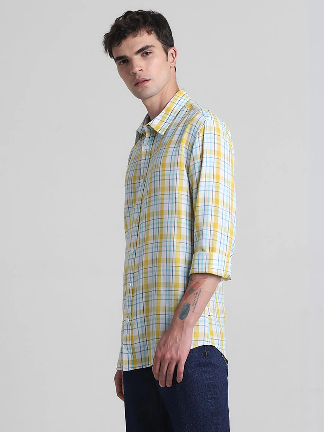 Yellow & Blue Check Full Sleeves Shirt - Image 3