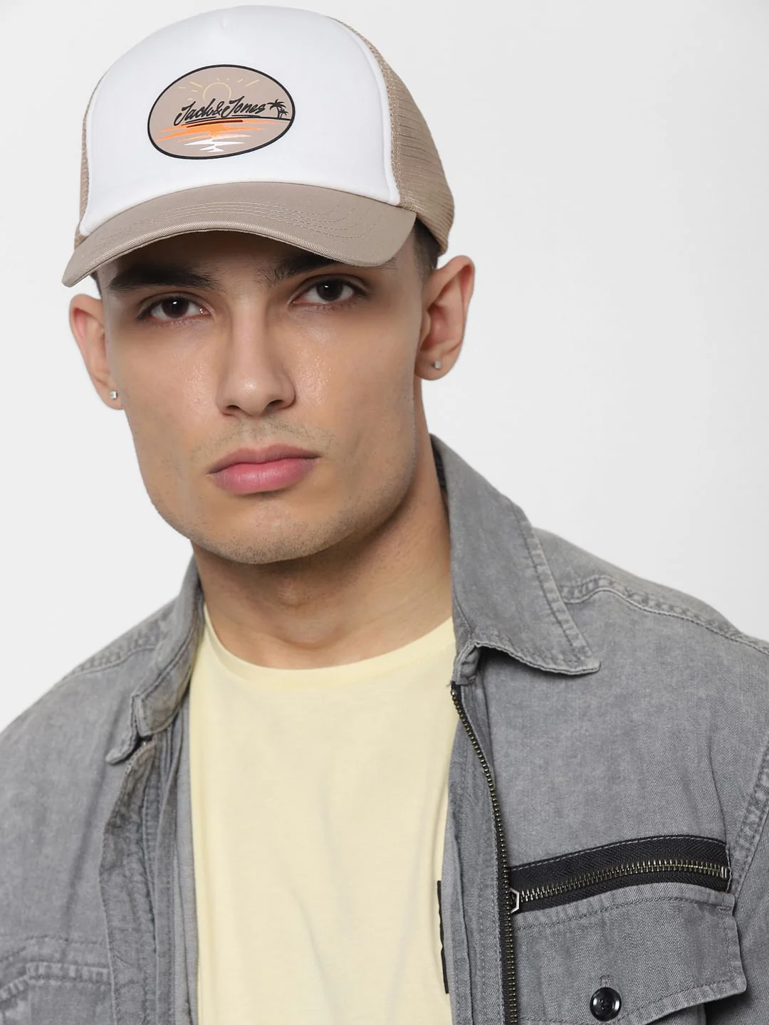 White Logo Print Trucker Cap