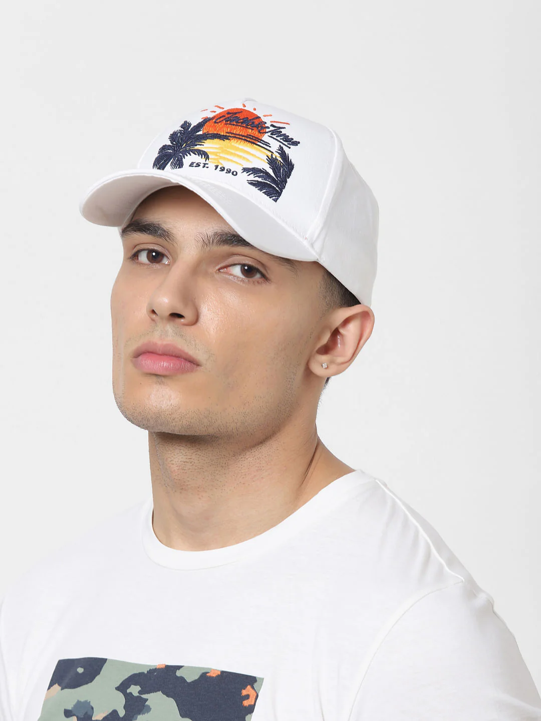 White Logo Print Baseball Cap