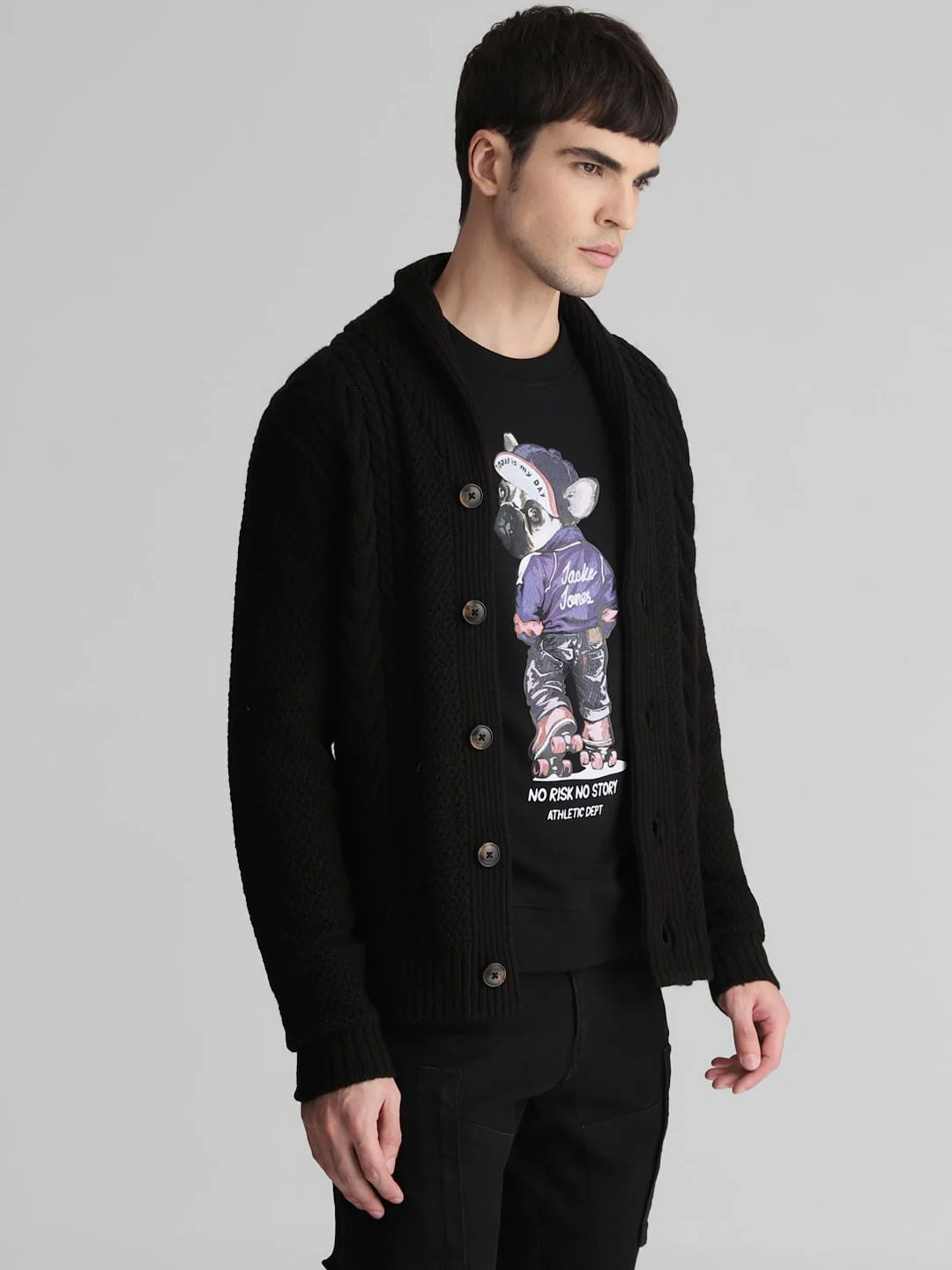 Black Knit Shawl Neck Cardigan - Image 3