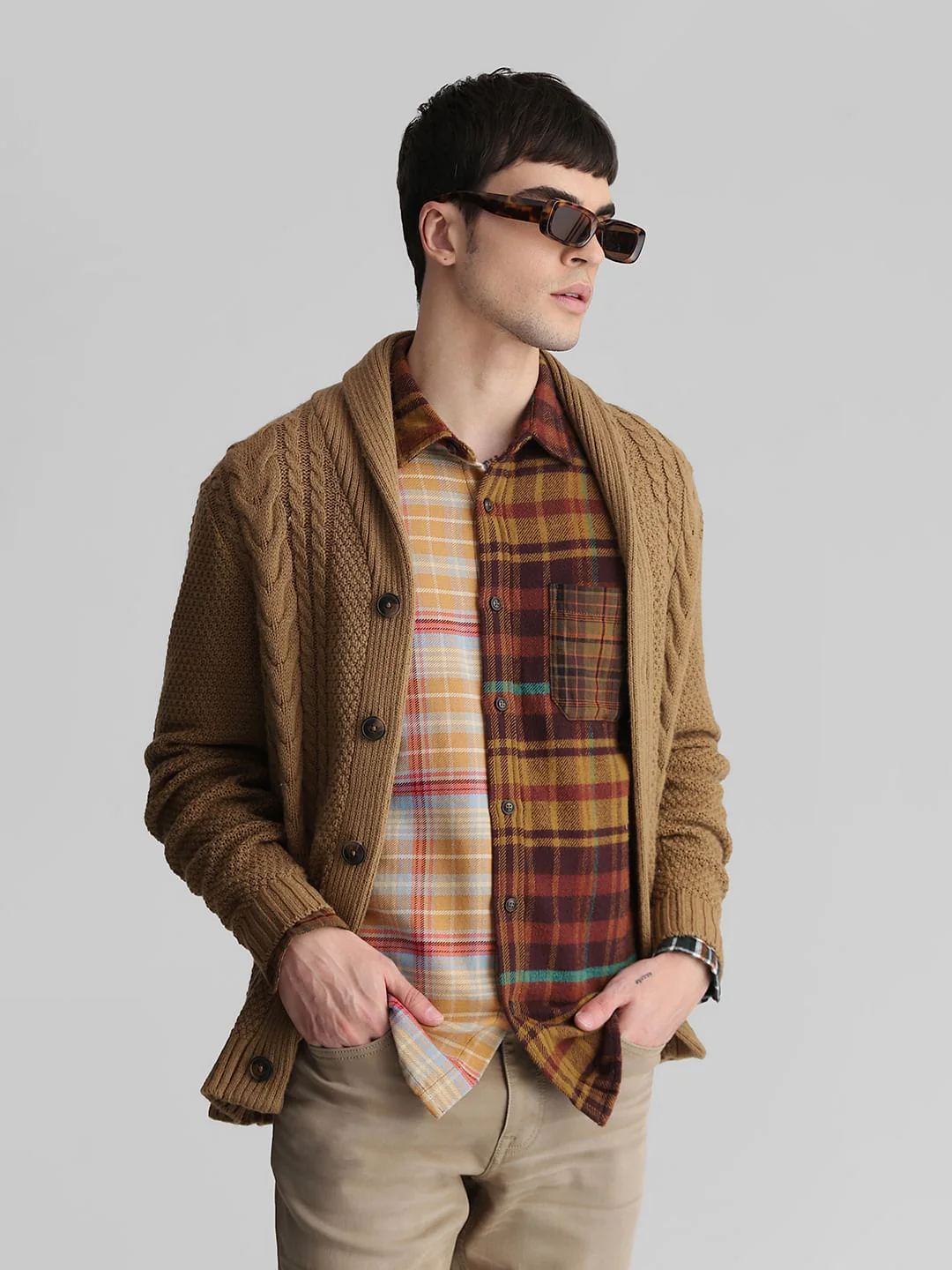 Brown Knit Shawl Neck Cardigan