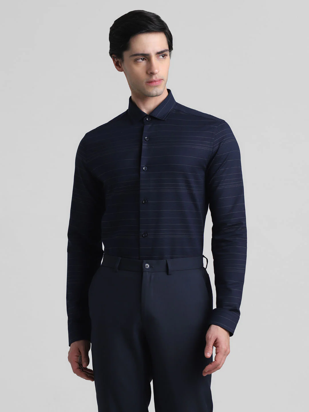 Navy Blue Striped Full Sleeves Shirt - Image 2