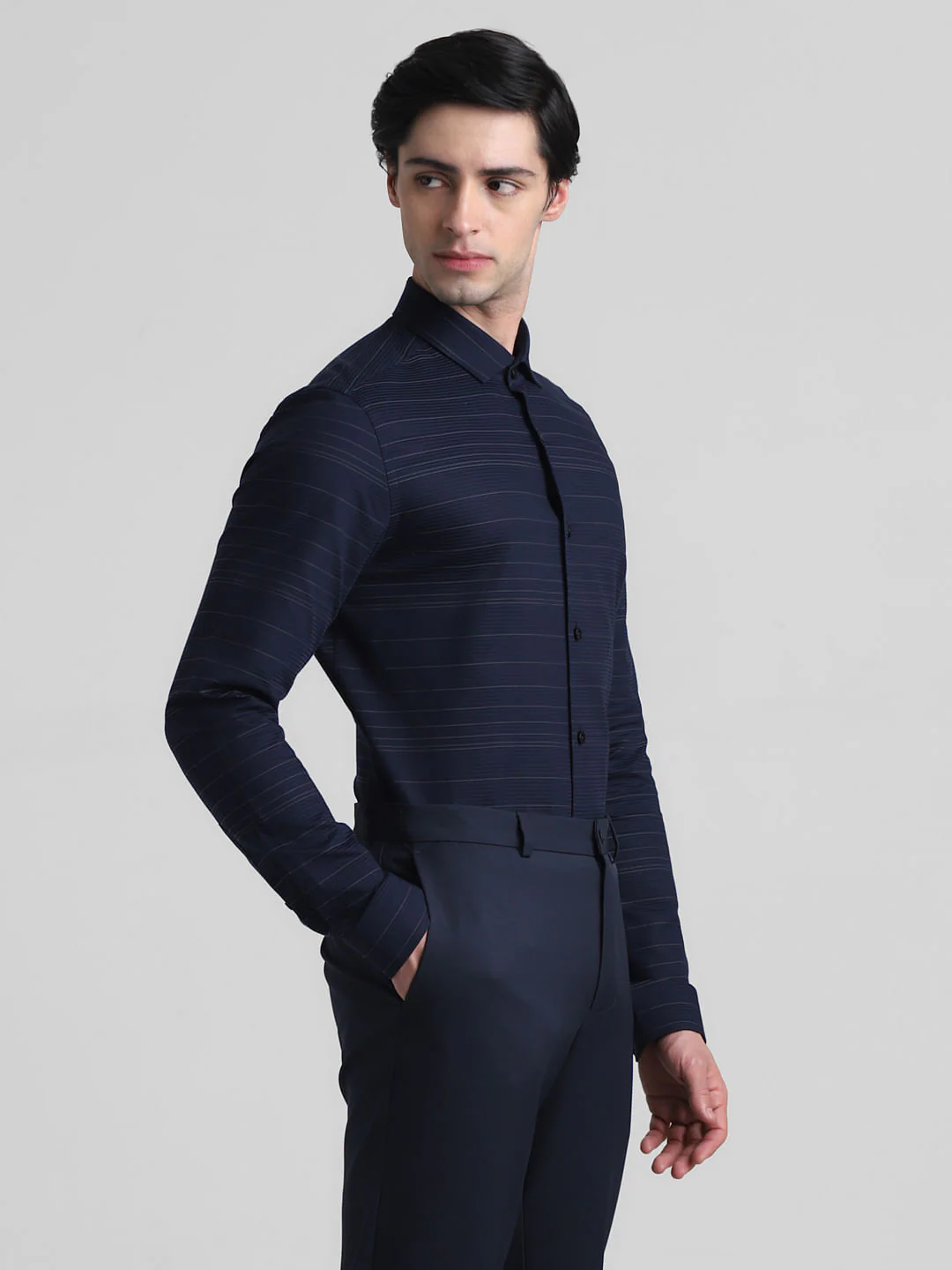 Navy Blue Striped Full Sleeves Shirt - Image 3